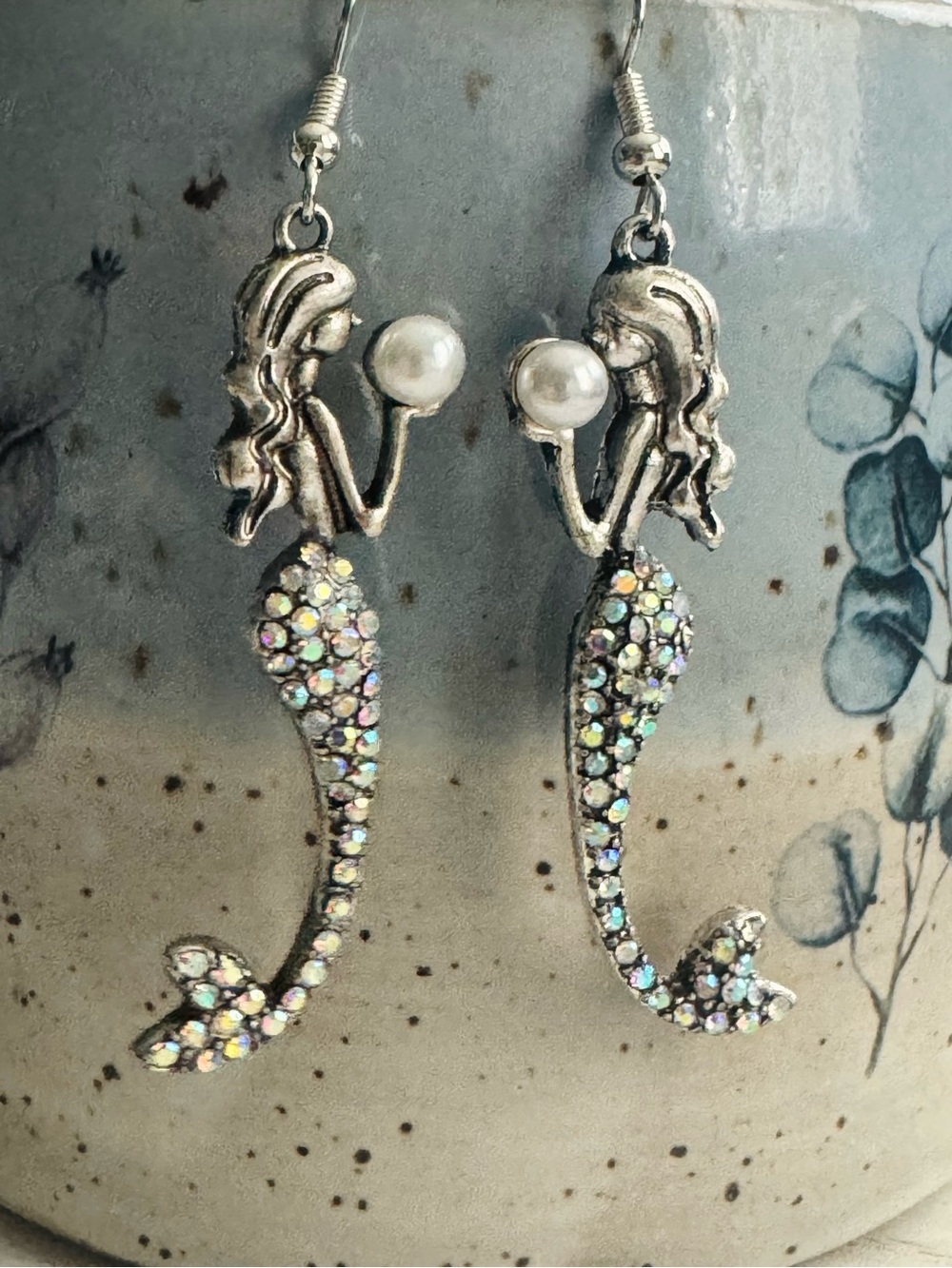 Mermaid Drop Earrings with Iridescent Crystals and Pearl Detail 2.5” long - Picture 2 of 8